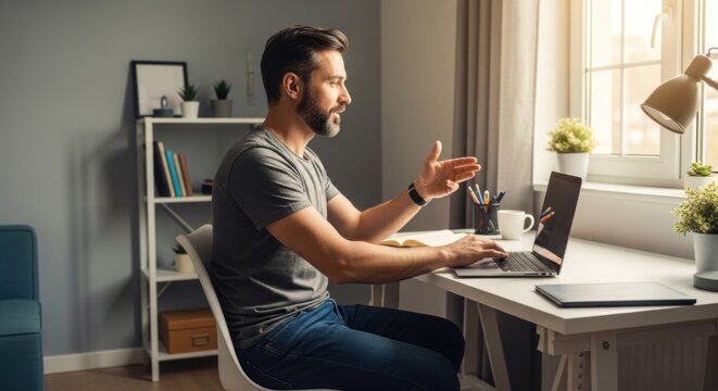 Man works from home, engaged in a video conference, gesturing animatedly while using his laptop.