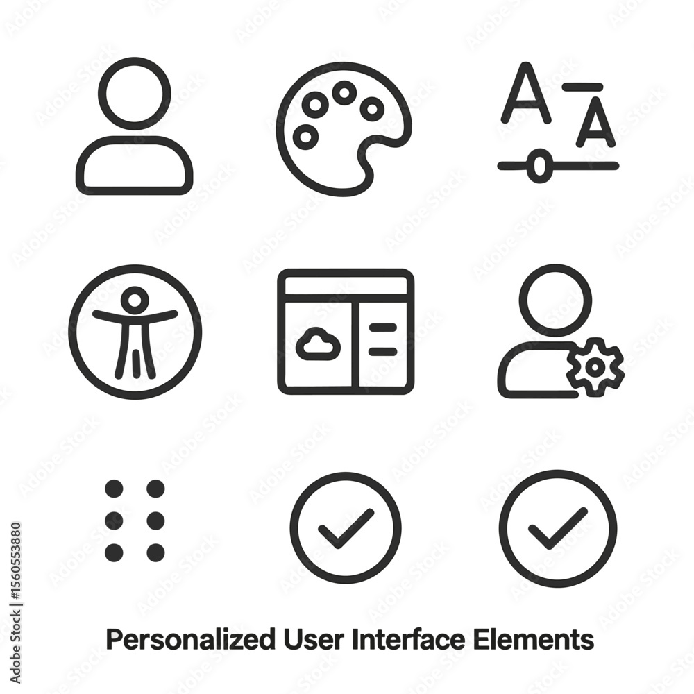 Poster user interface icons. outline icon set of personalized user interface elements: user avatar, theme c