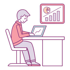 Young man working on laptop at desk with charts on wall  