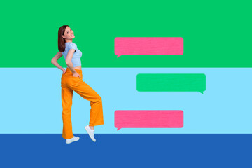 Full image 3d poster art collage of happy girl guy stand bubble communication chatterbox speech...