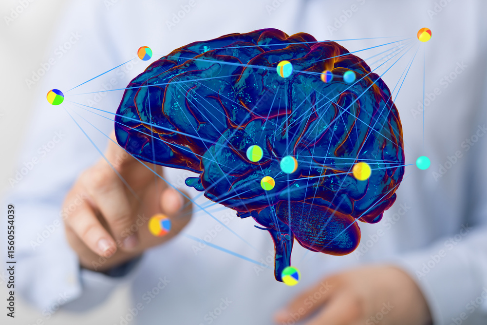Poster 3d model of brain with interconnected nodes. ai, neuroscience, neural network concepts.