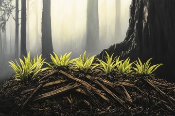 Young ferns sprout amidst decaying wood in a misty redwood forest, bathed in soft sunlight.