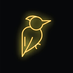 Neon sign of a woodpecker glowing brightly on a black background