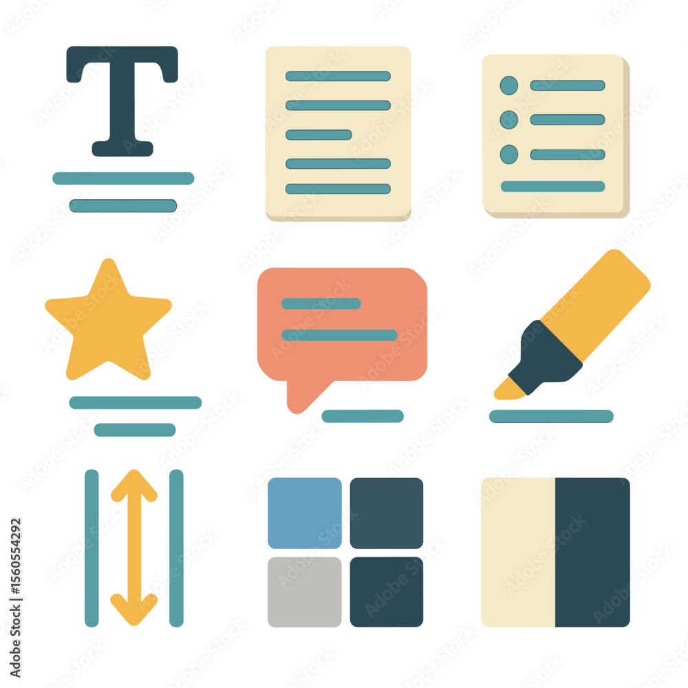 Poster visual hierarchy icons set. isometric flat icon set of visual hierarchy tools: headline text, subhea