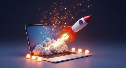 3d rocket launching from laptop screen symbolizing startup, innovation and fast technology