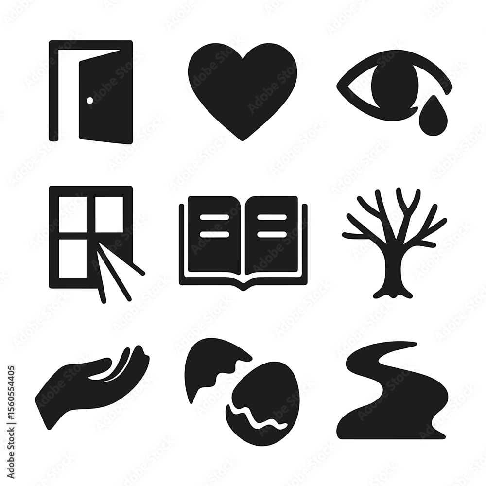 Poster vulnerability icons grid. solid, filled icon set of vulnerability and openness: open door, exposed h
