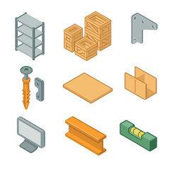 Warehouse Icon Set. Isometric Flat icon set of crate stacking and shelving system: shelving unit, wooden crates, metal bracket,