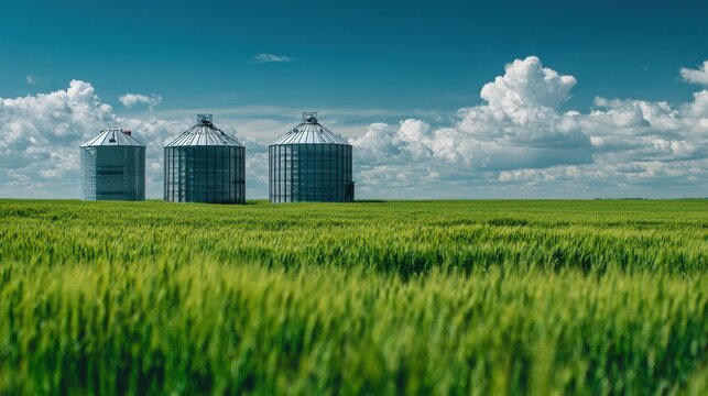 Lush Green Field with Agricultural Silos Under Blue Sky and Clouds