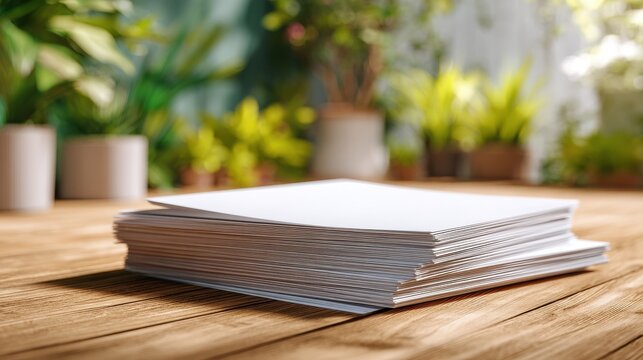 Fresh Blank Paper Stack on Wooden Table with Greenery Background