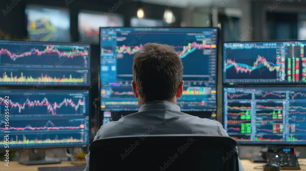 Poster stock market analysis with multiple monitors displaying charts