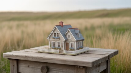 A miniature house model with a white picket fence, placed on a wooden table against a grassy field backdrop