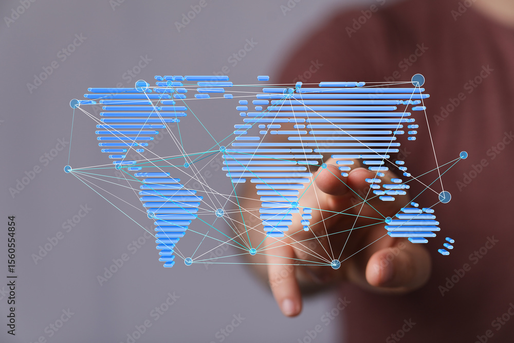 Aufkleber hand interacting with a digital world map, showcasing global connectivity and networking.
