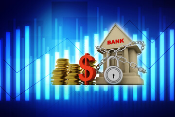 3d rendering bank with dollar near gold coin