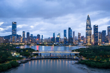 Aerial view of landscape in Shenzhen,China city skyline,Shenzhen Bay and Buildings at twilight