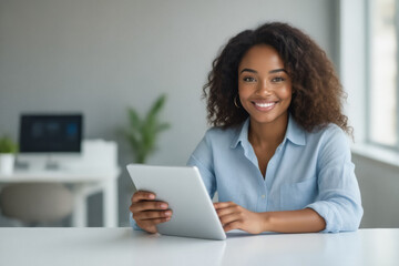 A smiling Black woman in a light blue shirt holds a tablet while seated at a desk in a modern office setting.