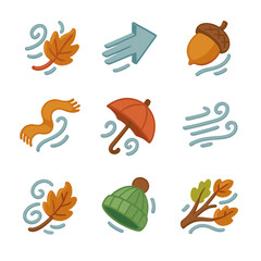 Naklejka premium Windy Autumn Icons. Isometric Flat icon set of autumn windy day: swirling leaf icon, gust arrow, falling acorn, flying scarf,
