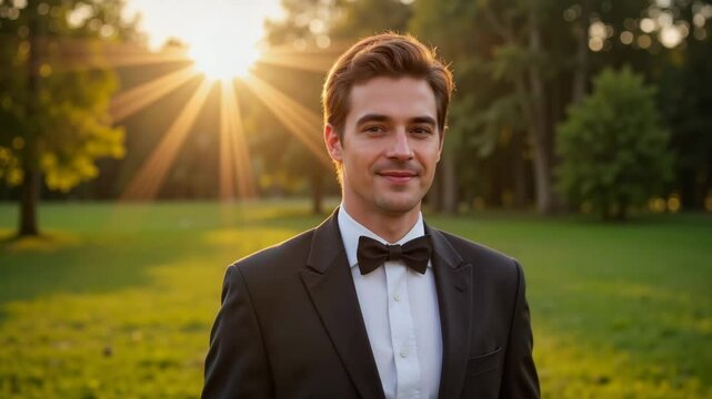 Young man in tuxedo smiling in sunset park setting  