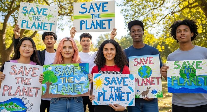 Diverse group of young adults actively participate in a park environmental protest, holding signs advocating for planet preservation.