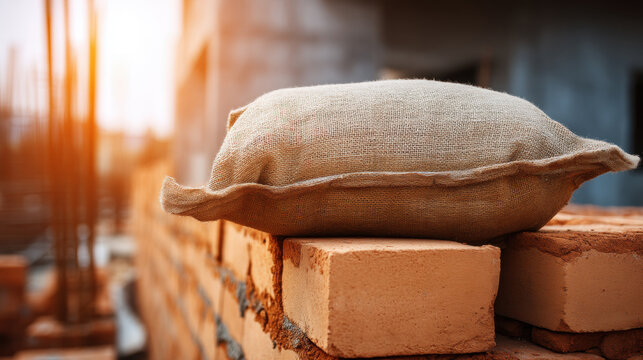 A single generic cement bag resting on a stack of new, clean bricks at a minimalist construction site, with a blurred background of steel rebar. 3d illustration.