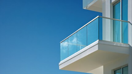 Fototapeta premium Modern Balcony Design with Clear Glass Railing Against Blue Sky
