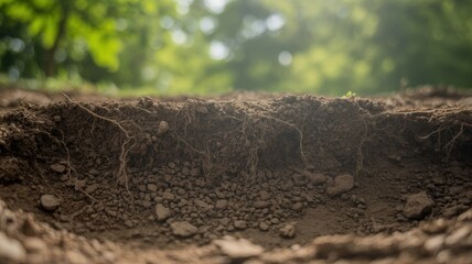 Fototapeta premium Close-up view of soil layers with visible roots and greenery in the background