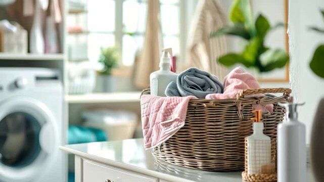A well-organized laundry space features neatly folded towels and detergent in stylish baskets. The bright room is filled with natural light and plants for a fresh atmosphere
