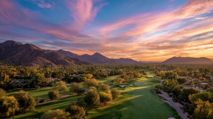 Obraz premium Majestic Sunset Over Lush Golf Course Surrounded by Mountains