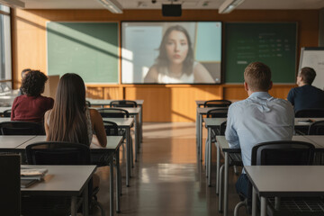 Obraz premium Students attending virtual class in modern well-lit classroom