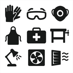 Wood Carving Safety Icons. Solid, filled icon set of wood carving safety: gloves, goggles, dust mask, apron, first aid kit,