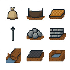 Erosion Control Icons. Pixel art icon set of soil erosion control: sandbag, silt fence, erosion blanket, erosion pin, riprap stone