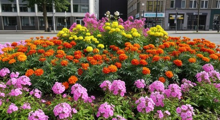 Fototapeta premium Vibrant Flower Bed Bursting with Color in an Urban Setting