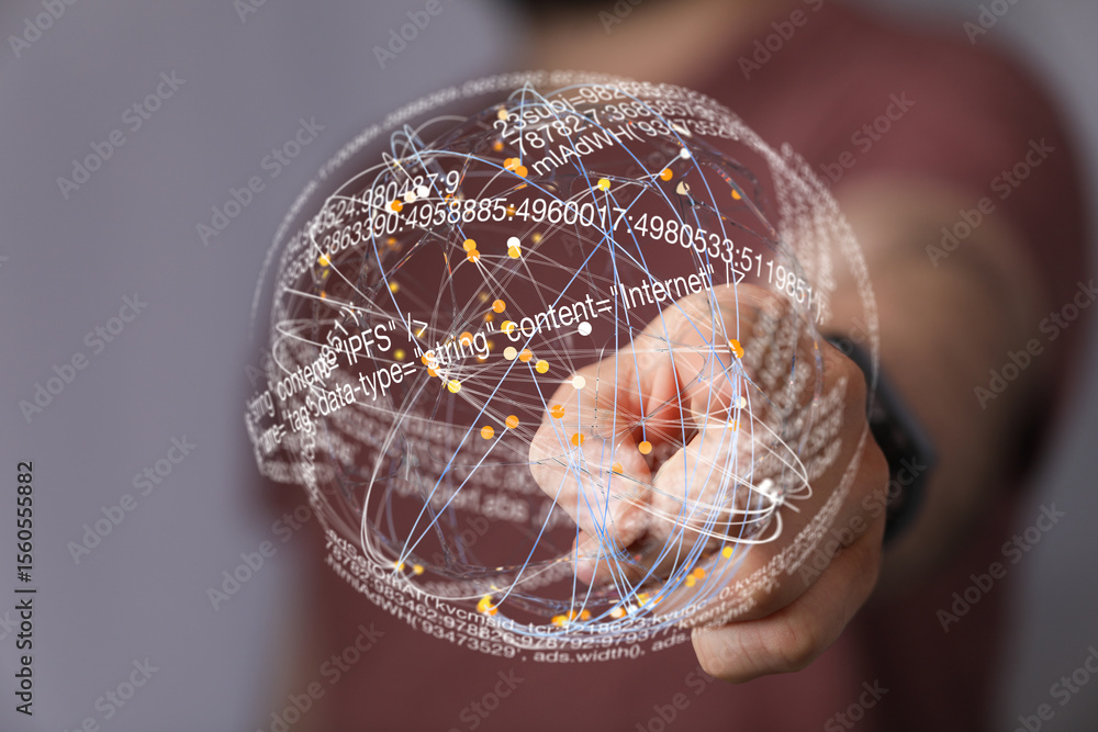 Aufkleber Abstract image of hand interacting with a digital globe showing data, code, and network connections.