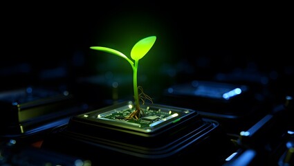 Green Plant Growing from Microchip – Eco Technology, Sustainable Innovation, and Environmental Digital Growth Concept


