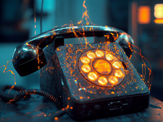 In a cutting-edge lab, a vintage rotary phone integrates with a luminous AI neural network. Glowing wires pulse with energy, blending nostalgia and futuristic technology in an extraordinary way