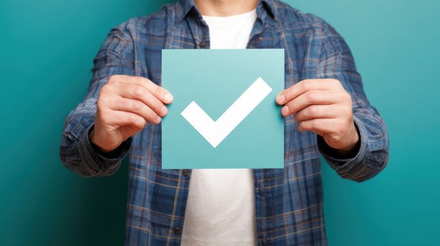 Person Holding Checkmark Sign in Front of Solid Background Color