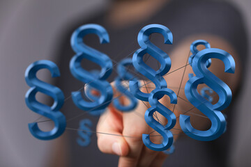 3D rendering of interconnected paragraph symbols, representing legal concepts, regulations, or...