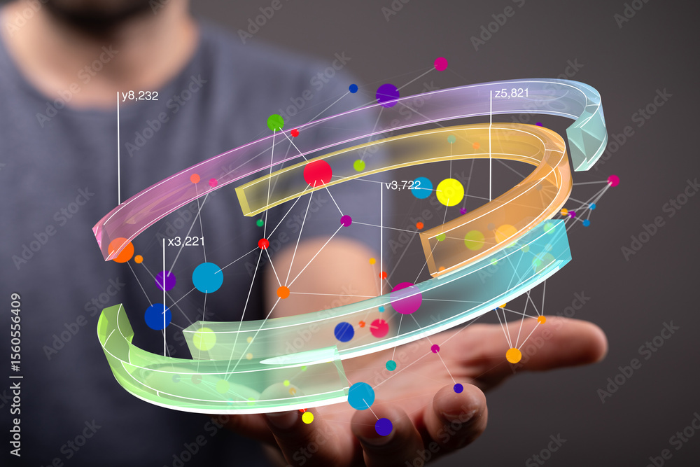 Poster abstract image of a hand holding a colorful 3d data visualization network. perfect for tech, analyti