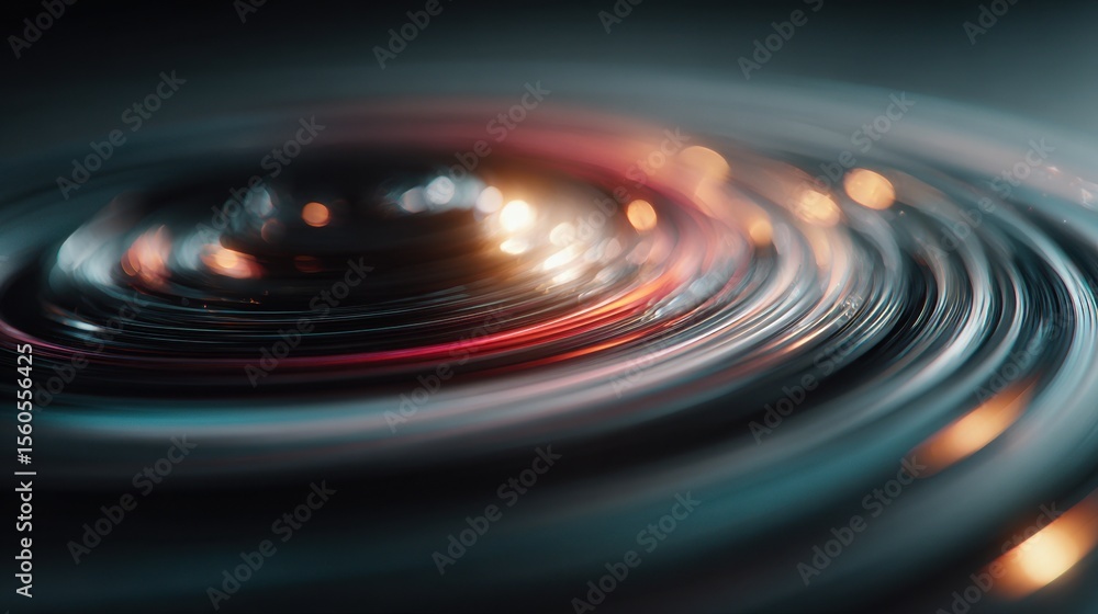 Poster Abstract spiral of concentric rings with bokeh lights in a dark environment creating a mesmerizing visual
