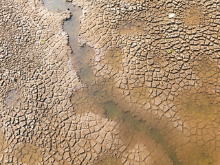 Aerial view of landscape low water and dry land,Climate change and drought land,Water crisis