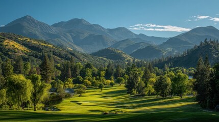 Fototapeta premium Scenic View of Green Golf Course Surrounded by Majestic Mountains