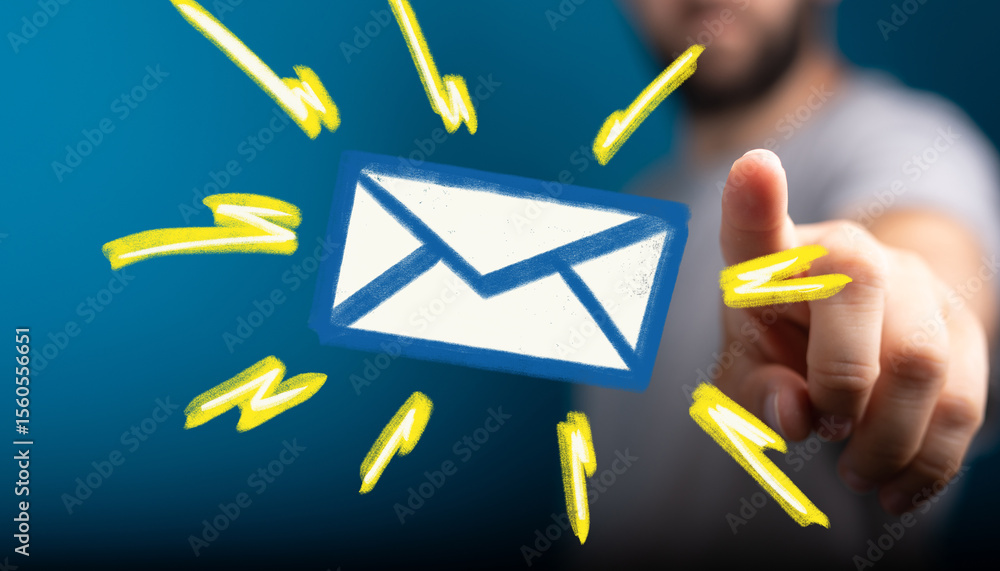 Poster image of a hand selecting an email icon, symbolizing fast and efficient messaging.
