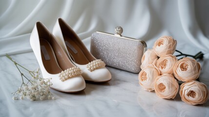Elegant bridal accessories featuring pearl-embellished shoes, a sparkling clutch, and soft pink roses on a marble surface