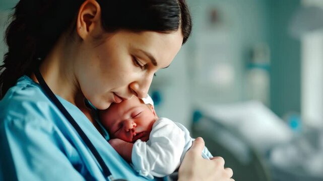 A nurse gently holds a small newborn child in a serene hospital setting. The soft morning light creates a peaceful atmosphere as she cares for the infant with dedication and warmth
