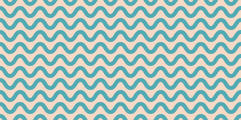 Seamless pattern with horizontal wavy lines, stripes. Simple vector geometric texture with waves, curves, squiggly shapes. Abstract turquoise and beige funky background. Repeated all-over geo design