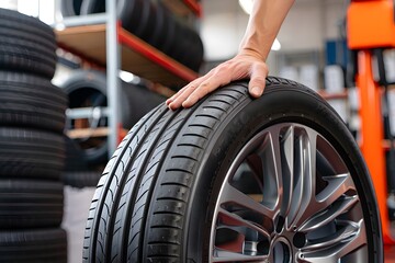 Mechanic Hand Holding Car Tire in Auto Repair Shop – Automotive Maintenance, Tire Replacement, and Vehicle Service Concept with Tire Racks in Background


