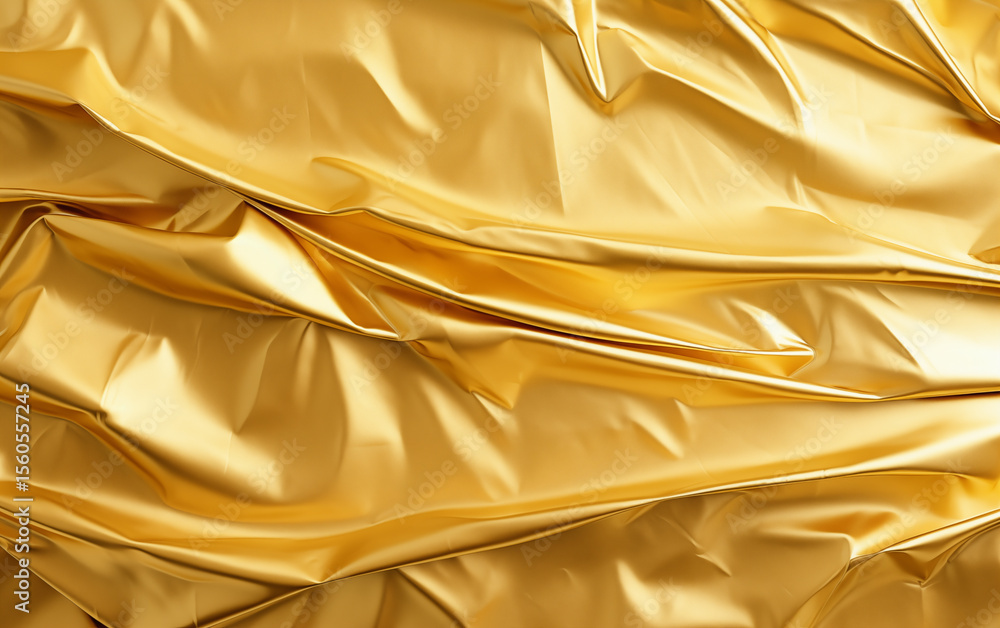 Poster close up of golden fabric with folds and light reflections creating patterns