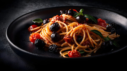 Rustic Spaghetti alla Puttanesca with Fresh Ingredients on a Dark Plate