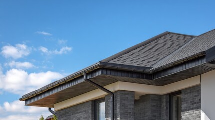 Modern Home Exterior with Gray Brick and Clear Blue Sky