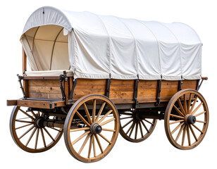 Side view of rustic wooden wagon with white canvas cover, isolated on transparent background