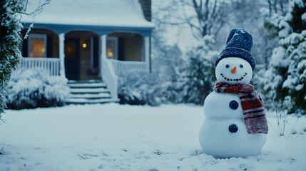 Snowman stands in front of a house covered in snow.